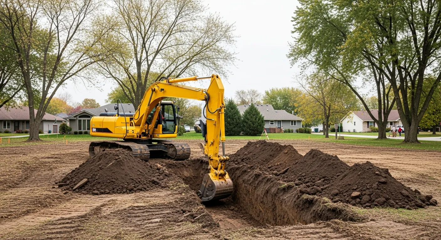 A yellow excavator digging a foundation trench on a residential lot in Southwest Michigan