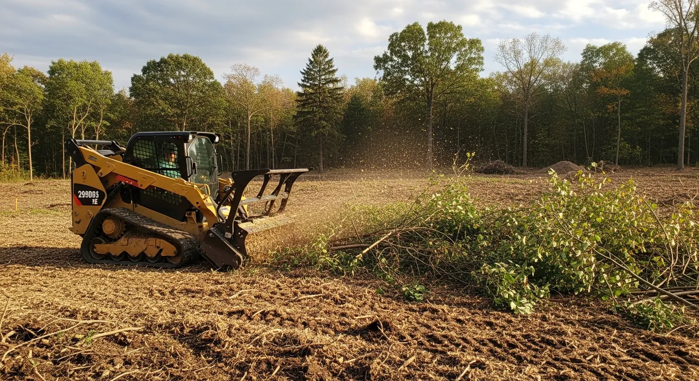 A track loader with a mulching head clearing brush and small trees on a wooded lot