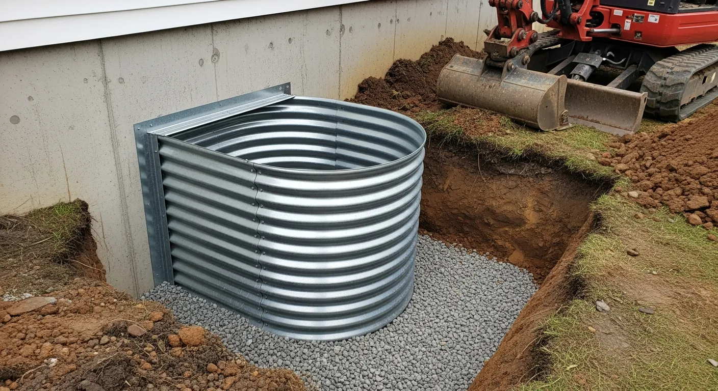 A newly excavated egress window well with a corrugated metal liner against a basement foundation